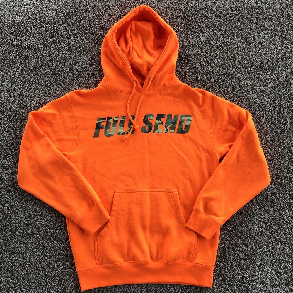Nelk Boys Full Send Neon Orange Hoodie Mens Size S Camouflage Spell Out Pullover